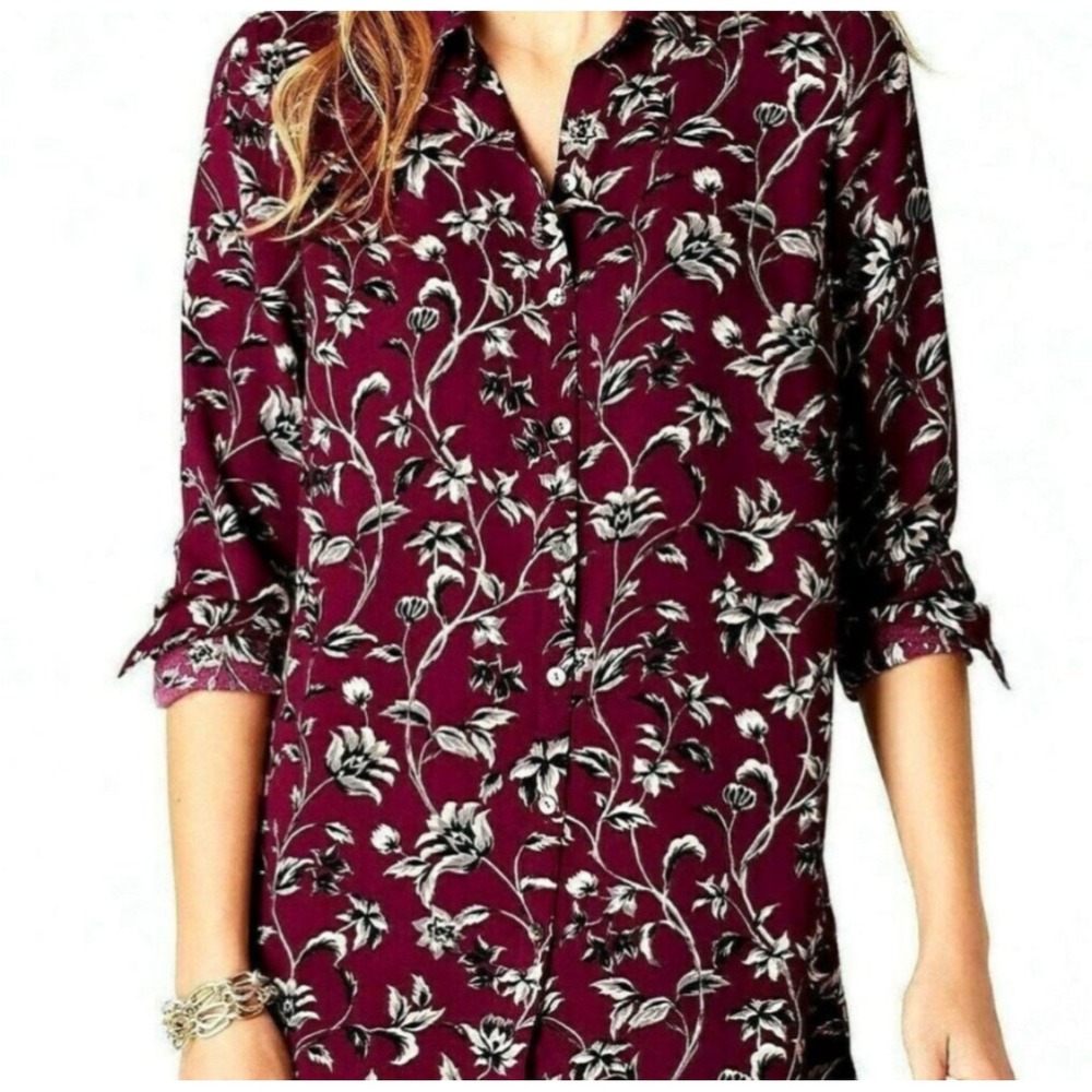 J Jill‎ Burgundy Floral Print Button Down Tunic Shirt Top Burpleated burgundy L